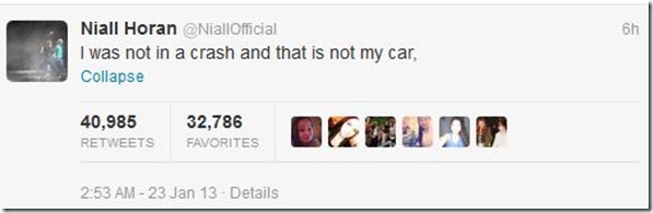Niall Horan tweeted car crash denial